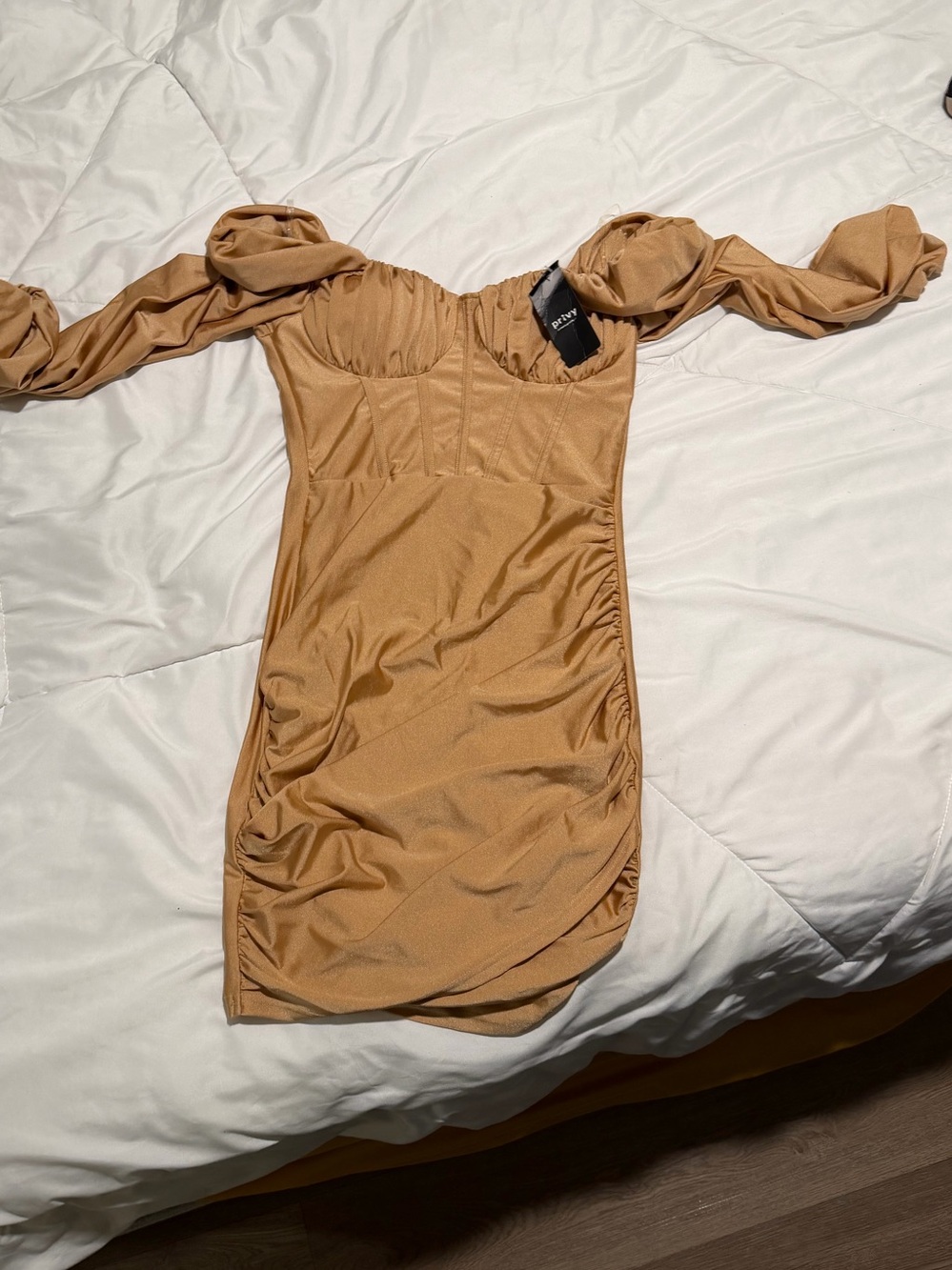 Off-Shoulder Tan Bodycon Dress size S Privy NWT zipper needs to be change!!